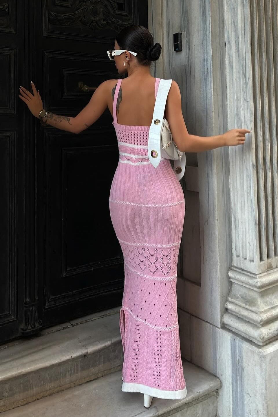 Esther Örgü Oymalı Uzun Yırtmaçlı Elbise