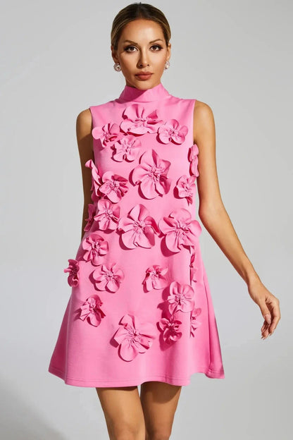 Soğan Pembe Gül Çiçek Mini Elbise