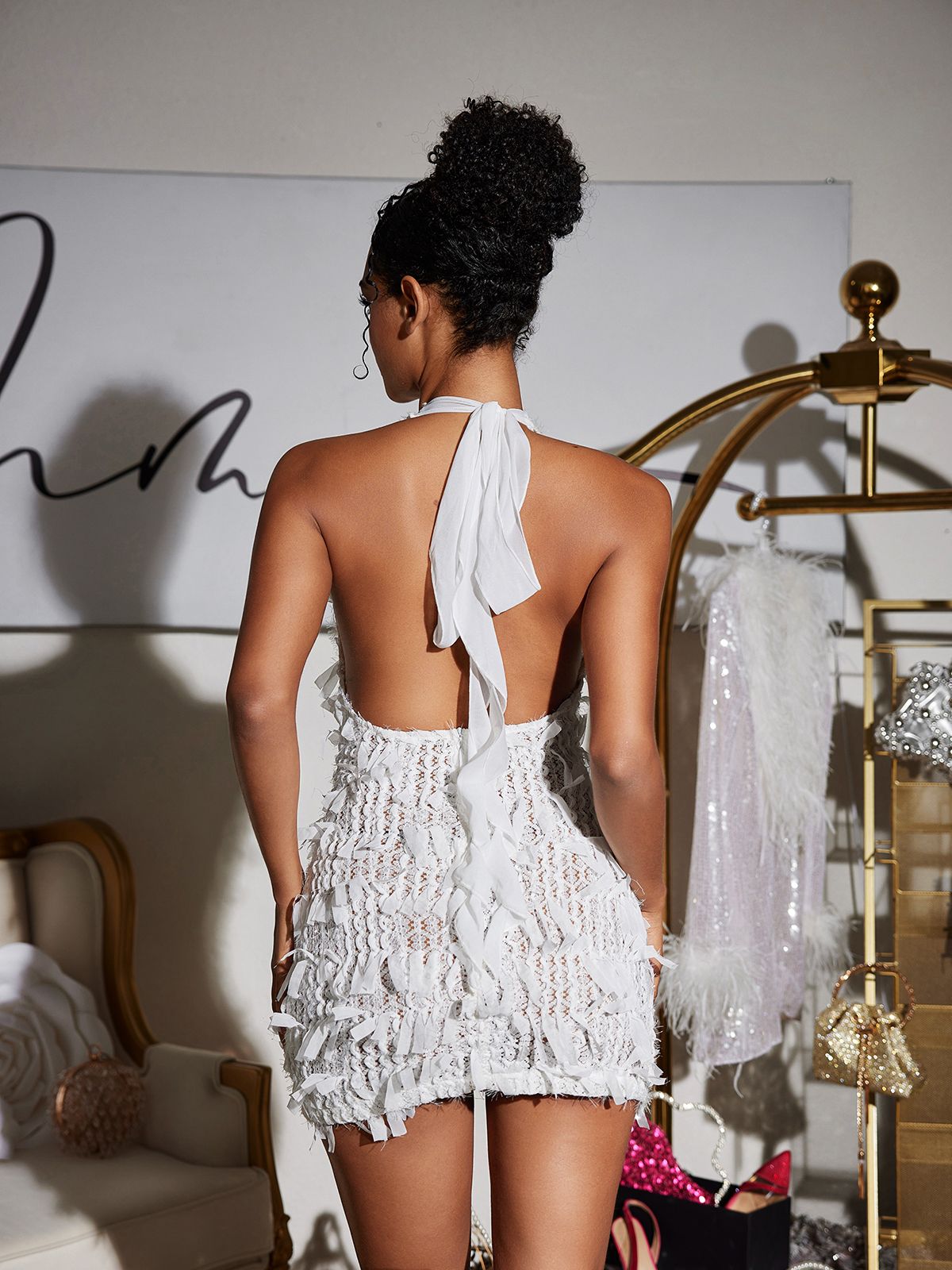 Osanya Derin Yaka Saçaklı Mini Elbise