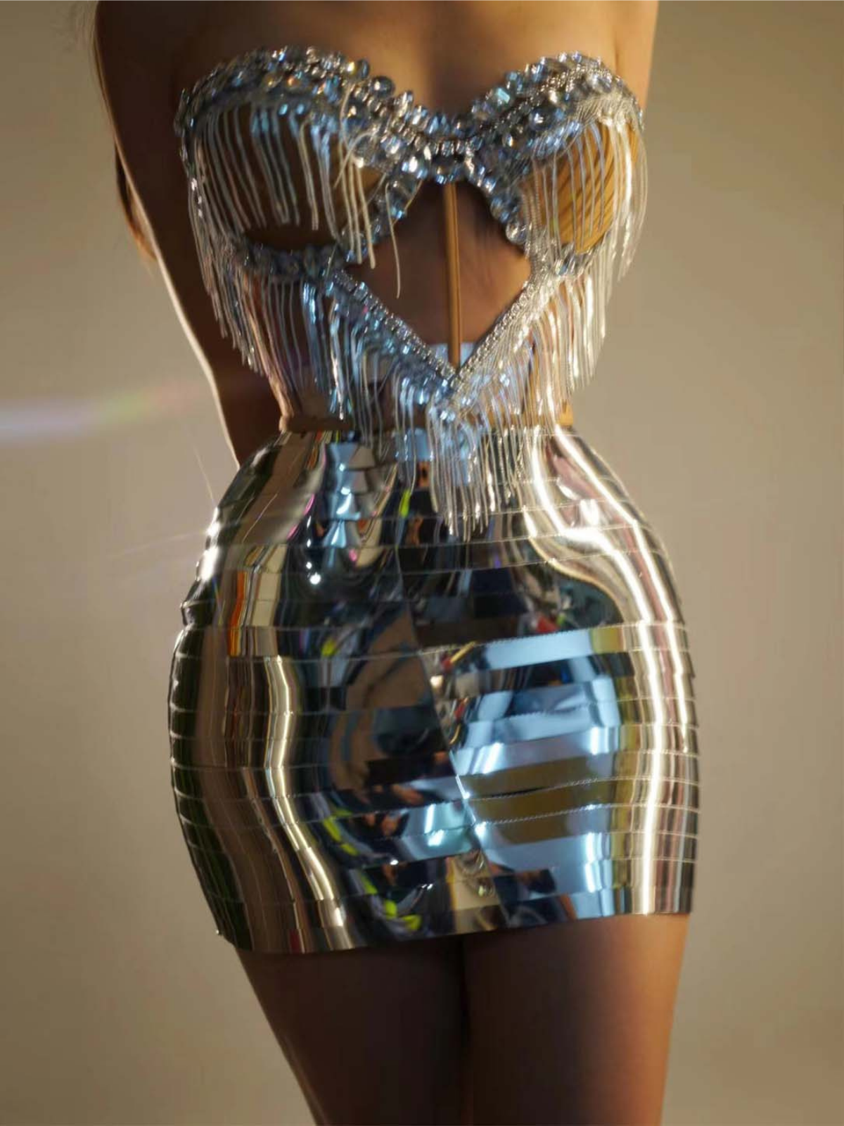 Osorio Taşlı Saçaklı Metalik Mini Elbise