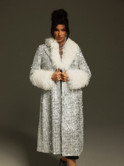 Panue Sahte Kürk Yakalı Payetli Palto