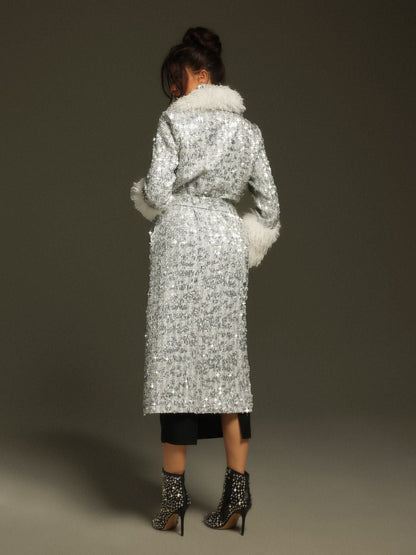 Panue Sahte Kürk Yakalı Payetli Palto