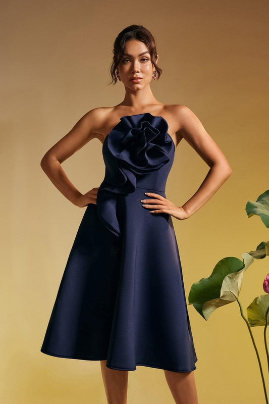 Polly Straplez Çiçek Kıvrımlı Midi Elbise