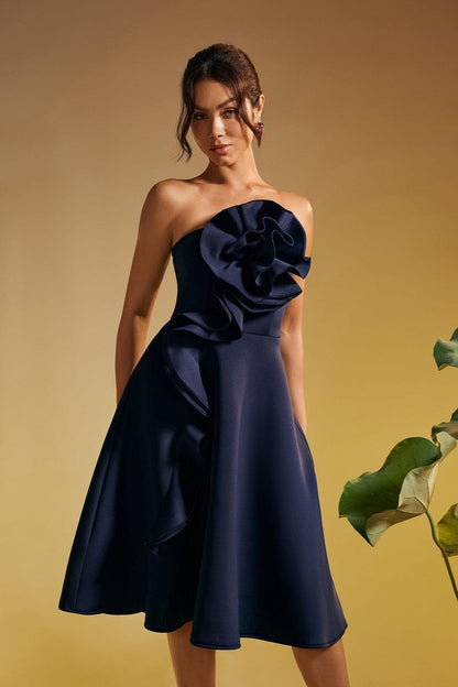 Polly Straplez Çiçek Kıvrımlı Midi Elbise