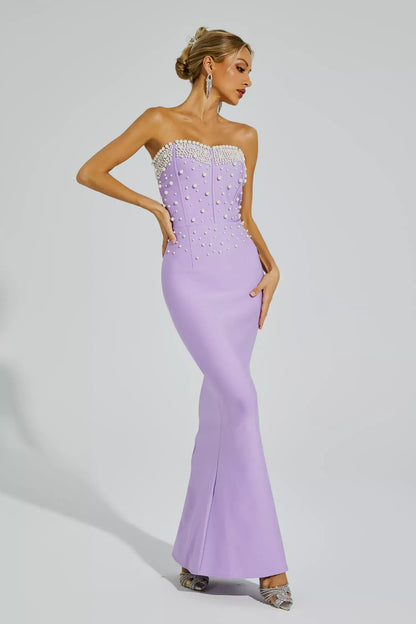 Rebekah Mor Boncuklu Bandaj Uzun Elbise