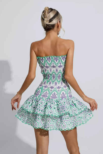 Biberiye Yeşil Volanlı Mini Elbise