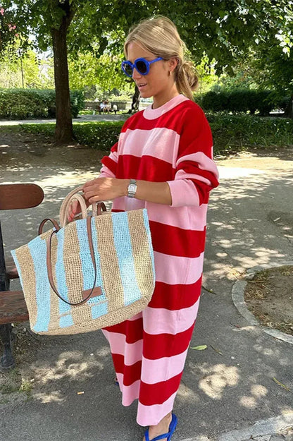 Günlük Çizgili Midi Elbise