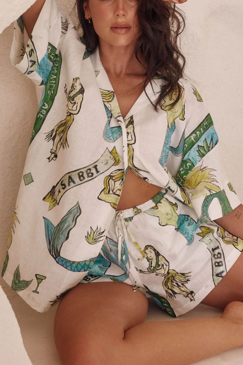 Tatil Deniz Kızı Baskı Gevşek Şort İki Parçalı Set