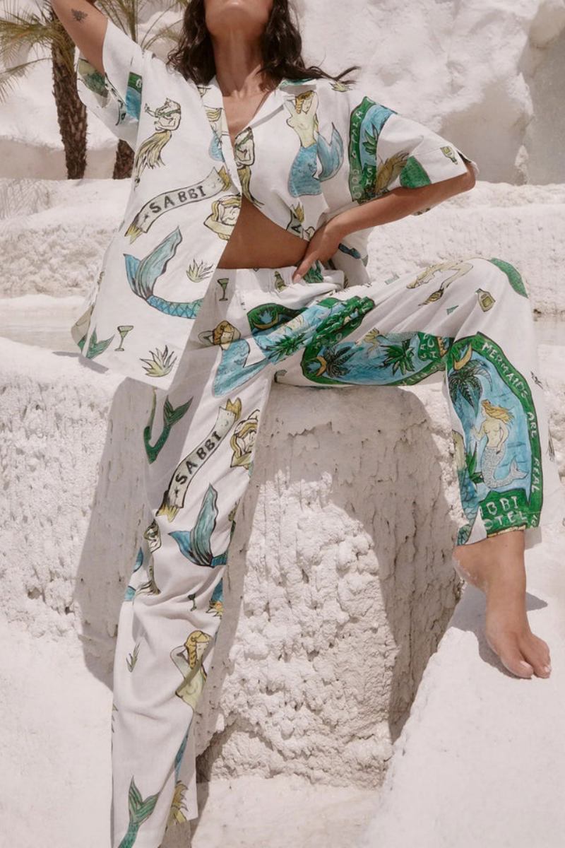 Denizkızı Desenli Kısa Kollu Gömlek Ve Geniş Paça Pantolon İkili Takım