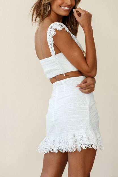 Beyaz Sone Dantel Crop Top Ve Etek Takım