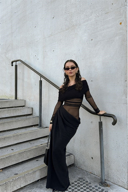 Lillian Omuz Açık Şeffaf Uzun Dosya Elbise