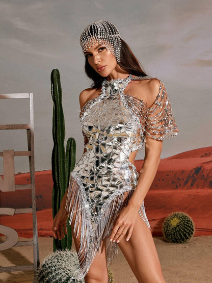 Seppe Pullu Saçaklı Kesik Mini Elbise