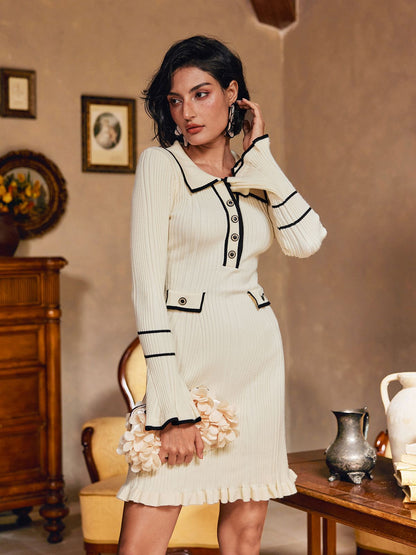 Shalita Uzun Kollu Volanlı Düğmeli Örme Mini Elbise