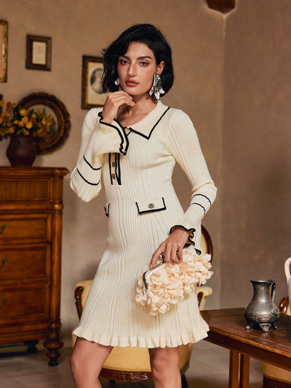 Shalita Uzun Kollu Volanlı Düğmeli Örme Mini Elbise