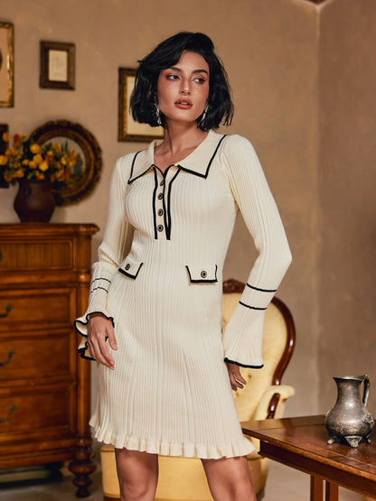 Shalita Uzun Kollu Volanlı Düğmeli Örme Mini Elbise