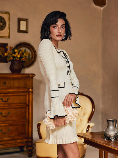 Shalita Uzun Kollu Volanlı Düğmeli Örme Mini Elbise