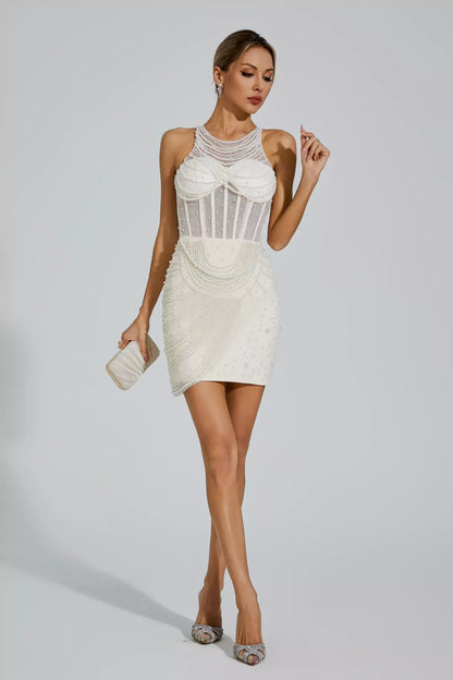 Beyaz Boncuklu Tunik Mini Elbise