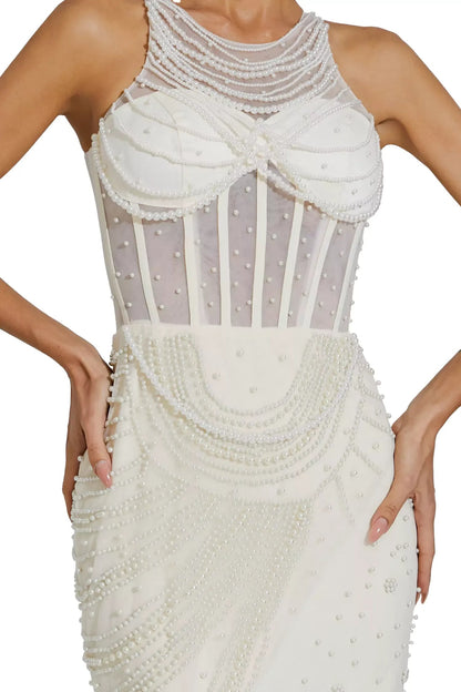 Beyaz Boncuklu Tunik Mini Elbise