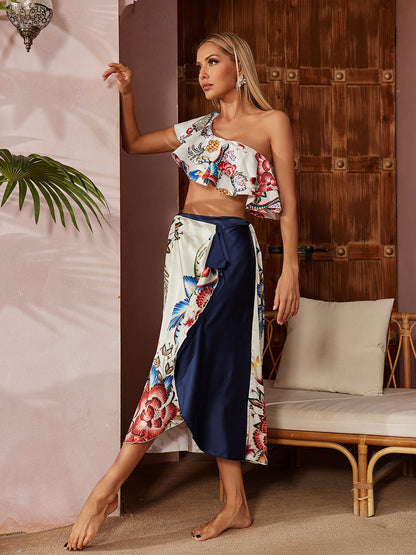 Kayrak Fırfır Baskılı Bikini Üç Parça Set