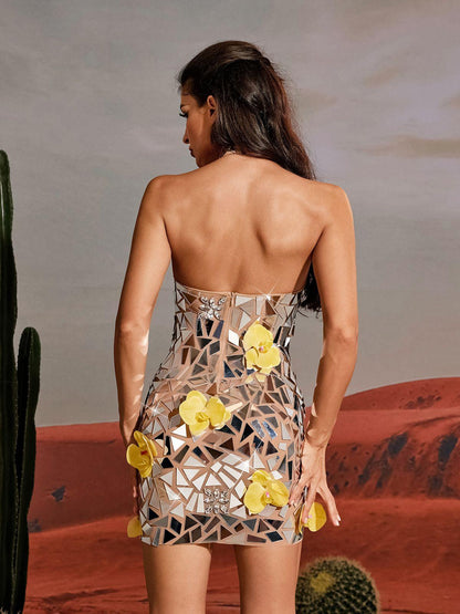 Starla Çiçek Akrilik Süslemeli Mini Elbise