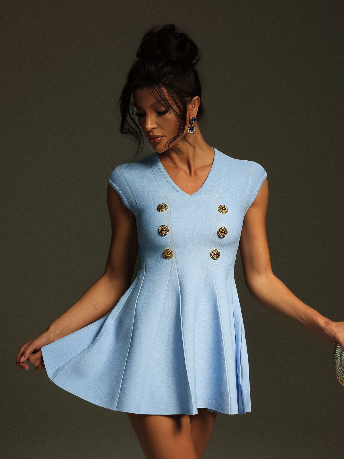 Tameron V Yaka Düğmeli Örme Mini Elbise Mavi