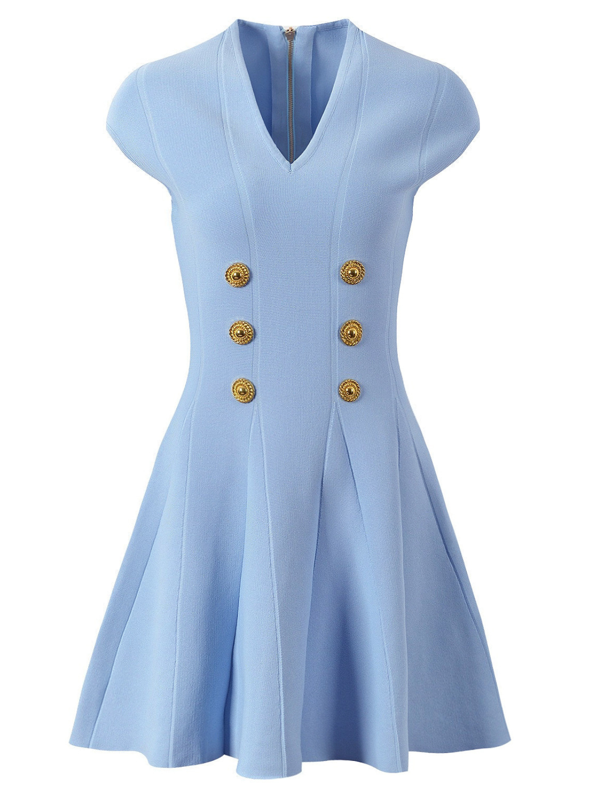 Tameron V Yaka Düğmeli Örme Mini Elbise Mavi