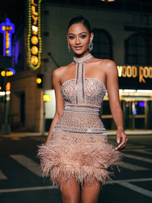 Tamisha Boyundan Bağlamalı Yapay Elmas Tüylü Mini Elbise