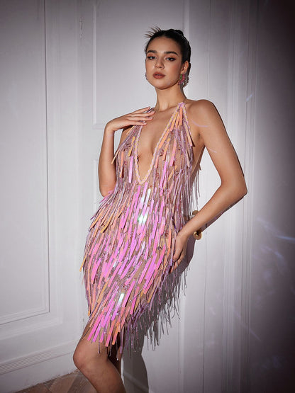 Taryn V Yaka Kristal Zincir Saçaklı Mini Elbise