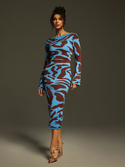 Taysia Uzun Kollu Leopar Örme Midi Elbise