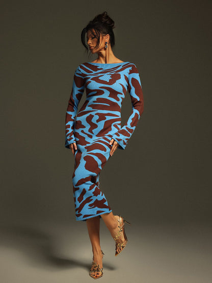 Taysia Uzun Kollu Leopar Örme Midi Elbise