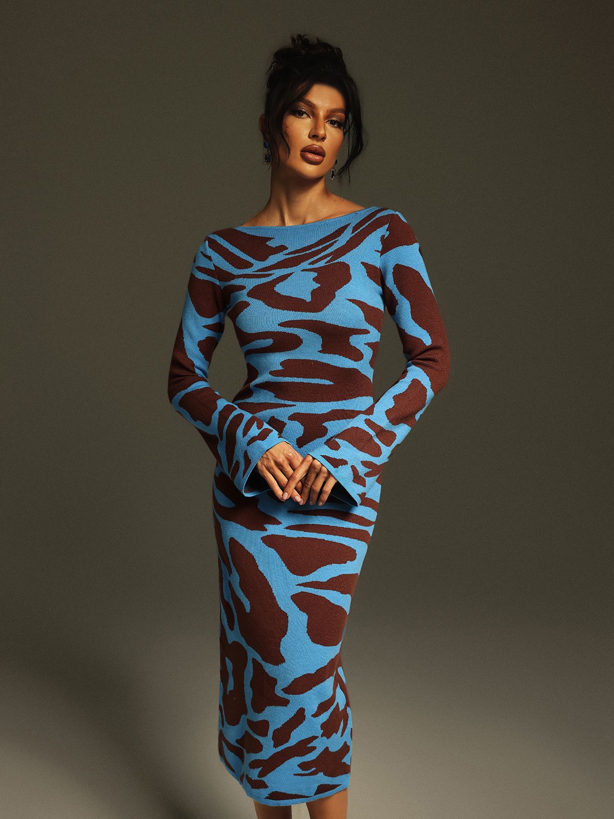 Taysia Uzun Kollu Leopar Örme Midi Elbise