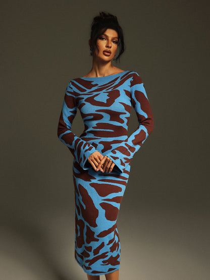 Taysia Uzun Kollu Leopar Örme Midi Elbise