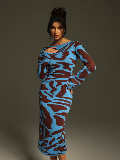 Taysia Uzun Kollu Leopar Örme Midi Elbise