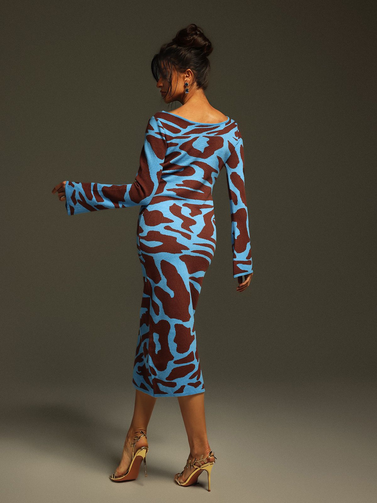 Taysia Uzun Kollu Leopar Örme Midi Elbise