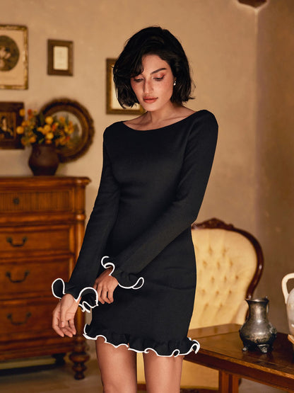 Tionne Uzun Kollu Volanlı Örme Mini Elbise Siyah