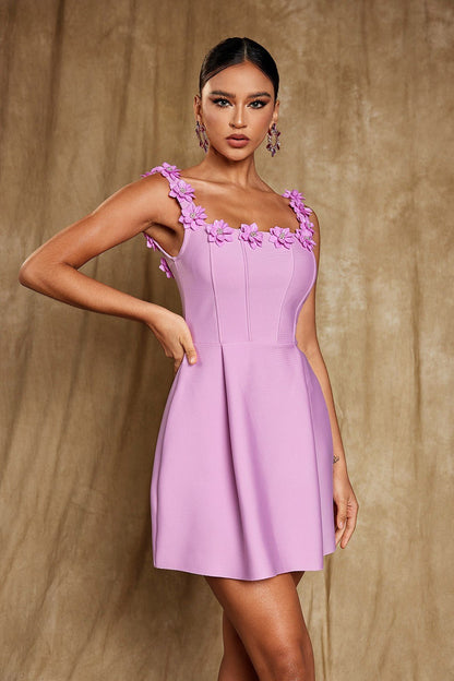 Uriah Kare Yaka Çiçek Bandaj Mini Elbise