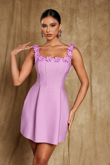 Uriah Kare Yaka Çiçek Bandaj Mini Elbise