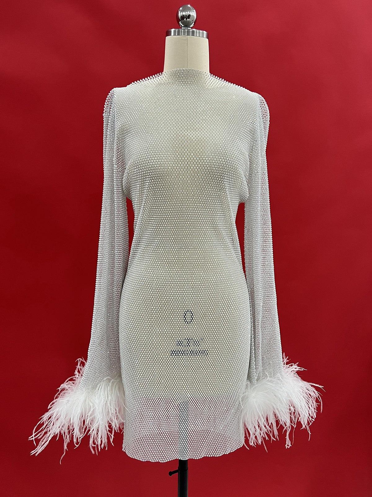 Xanthe Beyaz Yapay Elmas Örgü Mini Elbise