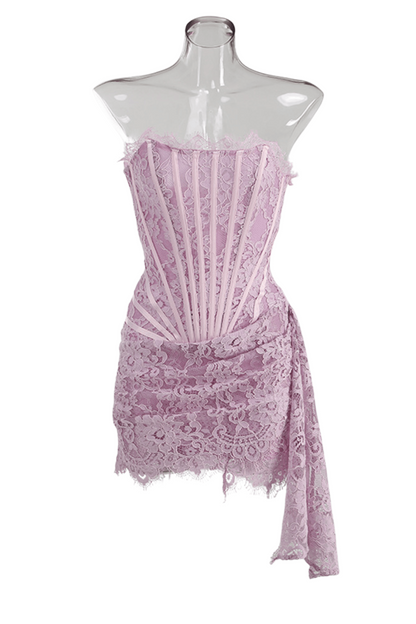 Yolita Askısız Patchwork Dantel Mini Leylak Elbise