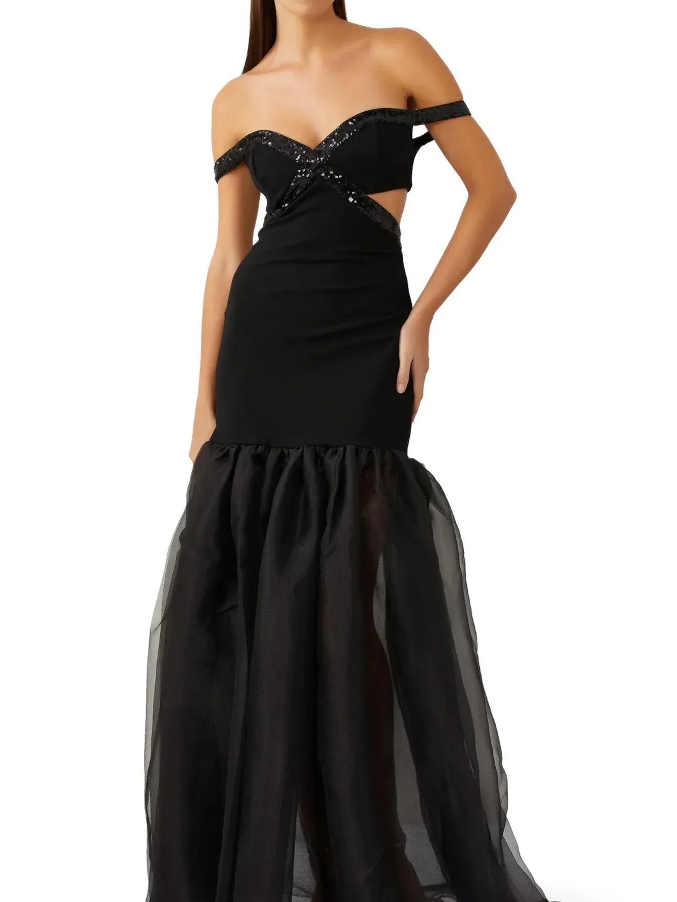 Boncuklu Omuz Açık Elbise