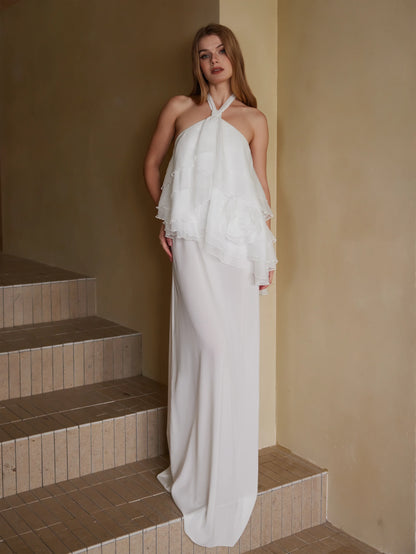 Zarif Fildişi Fırfırlı Elbise