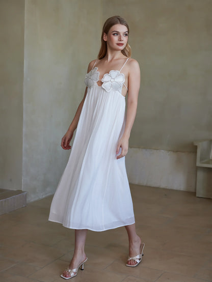 Şık Askılı Çiçek Aplikeli Uzun Elbise