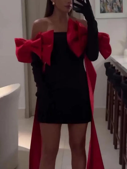 Şık Kontrast Fiyonklu Elbise (Eldivenli)