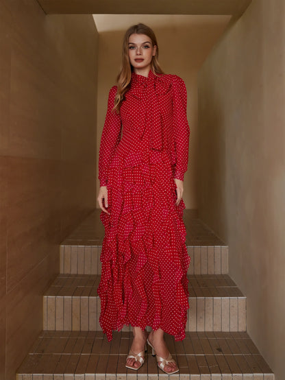 Puantiyeli Katmanlı Uzun Elbise