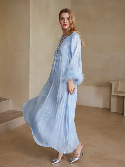 İnci Saten Tüylü Gece Elbisesi