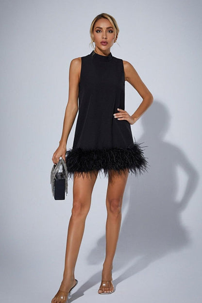 Nisha Tüylü Mini Elbise Siyah