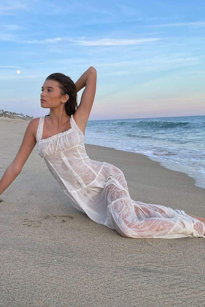 Anastasia Fırfırlı Yarı Şeffaf Uzun Elbise