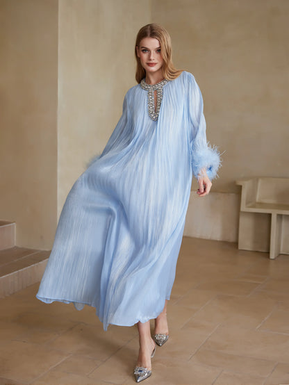 İnci Saten Tüylü Gece Elbisesi