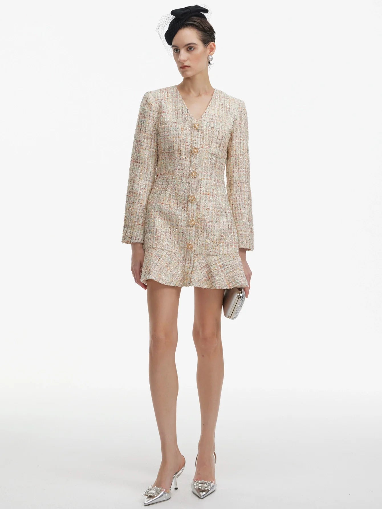 Uzun Kollu Payetli Tüvit Mini Elbise