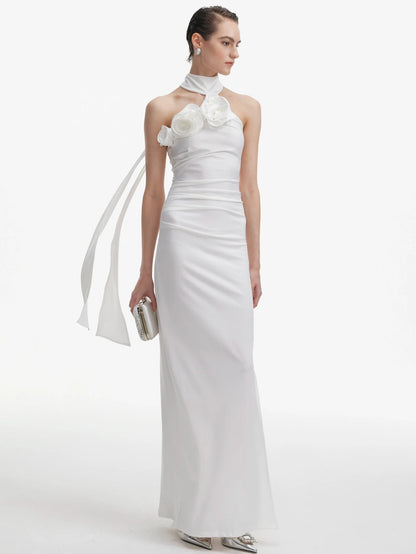 Çiçek Detaylarıyla Boyundan Bağlamalı Yaka Elbise